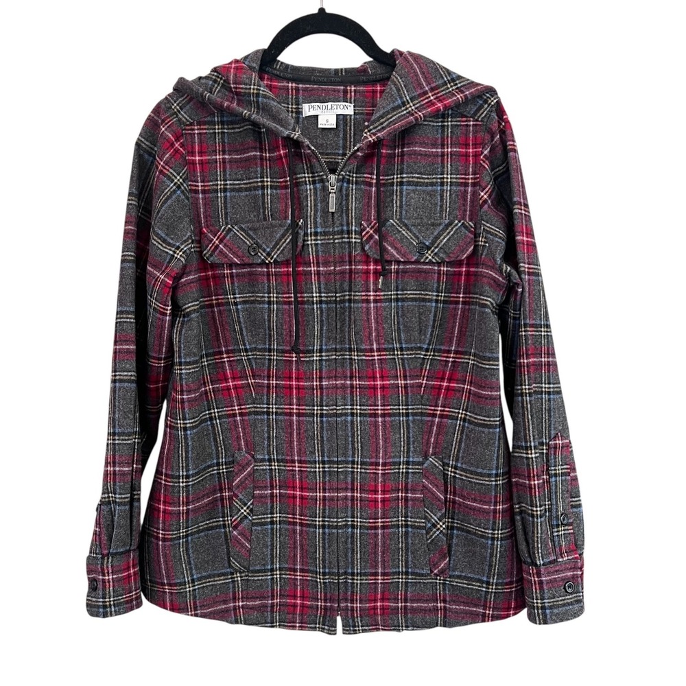 Pendleton Petite Wool Hoodie Jacket Grey Red Plaid Zip Up Made in USA Small S